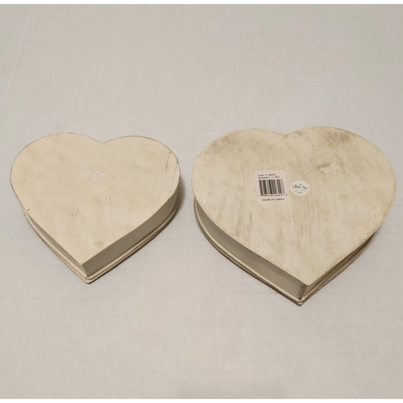 2 Metal Heart Shaped Trinket Jewelry Box Hinged Beige Nesting Distressed Design - Picture 4 of 9